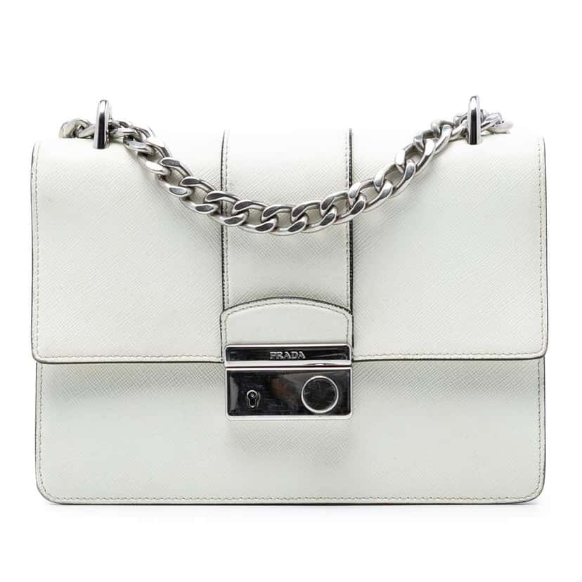 Prada Small Saffiano Sound Lock Chain Crossbody White Leather Very good condition - Front View