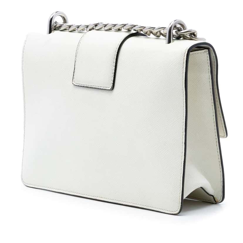 Prada Small Saffiano Sound Lock Chain Crossbody White Leather Very good condition - Back View