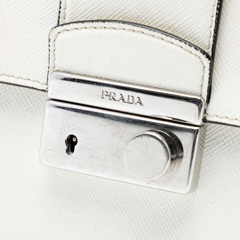 Prada Small Saffiano Sound Lock Chain Crossbody White Leather Very good condition - Box View