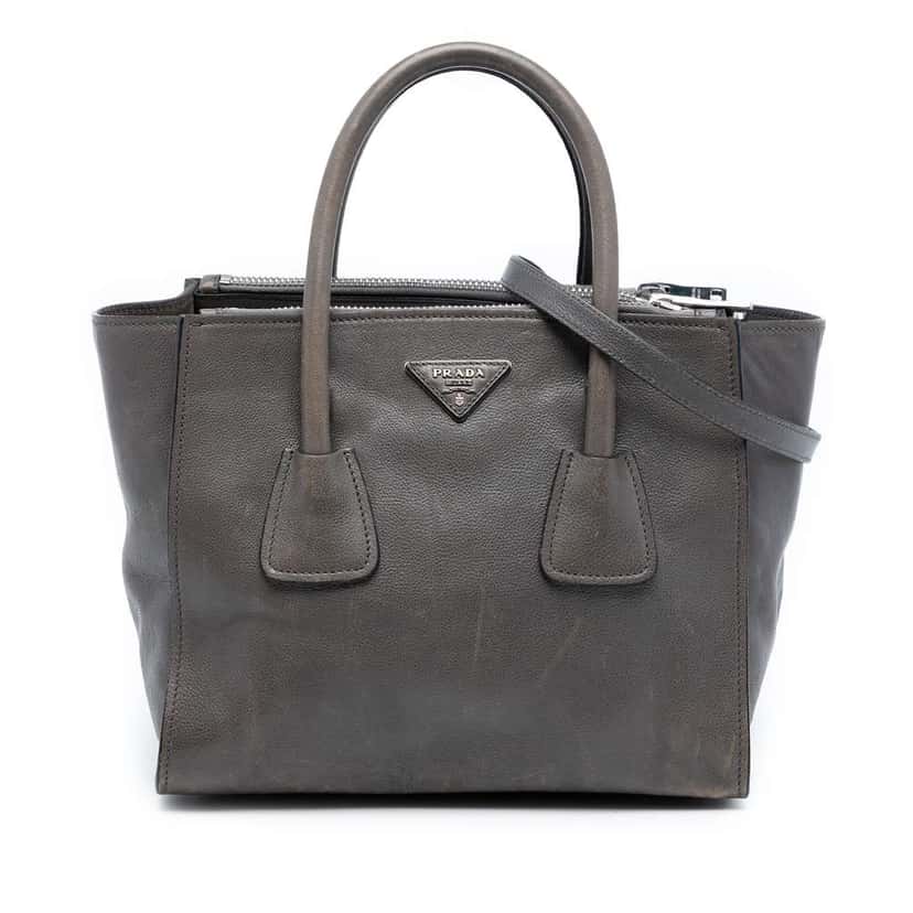 Prada Small Glace Calf Twin Pocket Satchel Grey Leather Very good condition - Front View