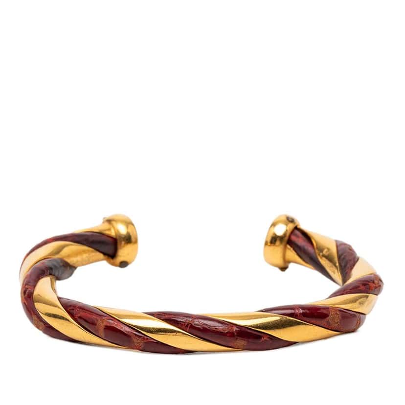 Hermès Gold Plated and Leather Twisted Cuff Bracelet Gold Metal Very good condition - Front View