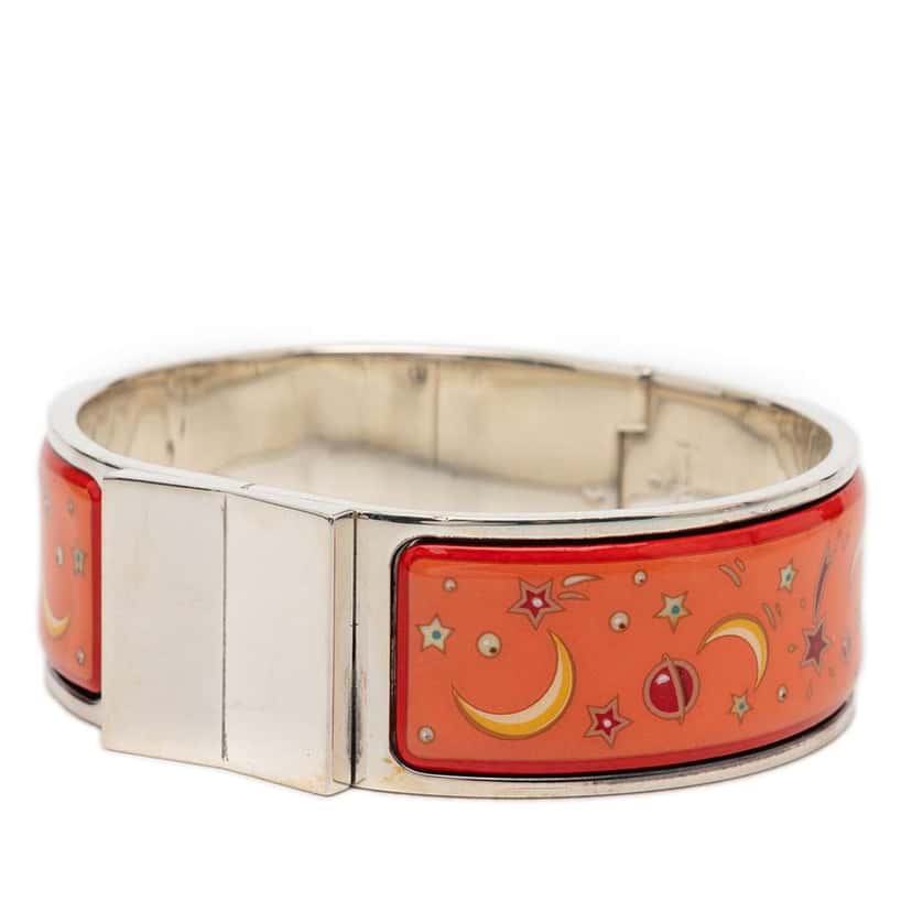 Hermès Wide Enamel Moon and Stars Loquet Bangle Orange Very good condition - Back View