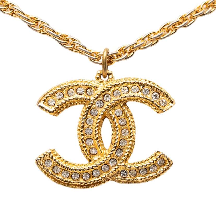 Chanel CC Gold Plated Strass Pendant Necklace Gold Metal Very good condition - Front View