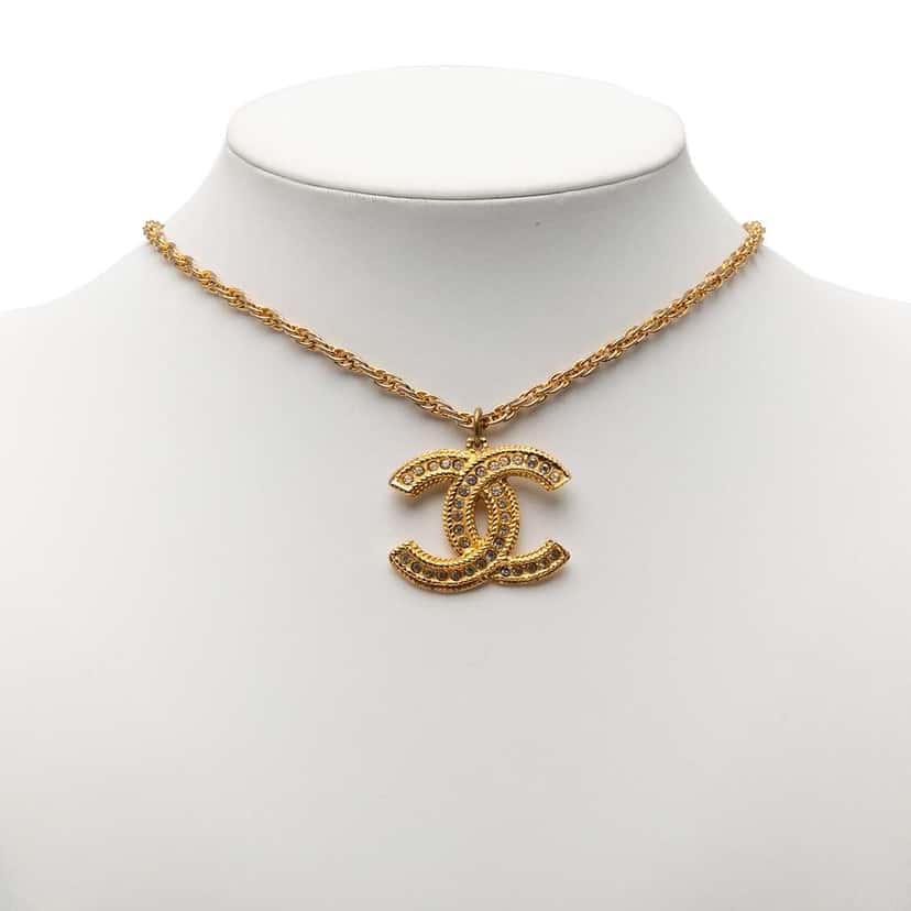 Chanel CC Gold Plated Strass Pendant Necklace Gold Metal Very good condition - Box View