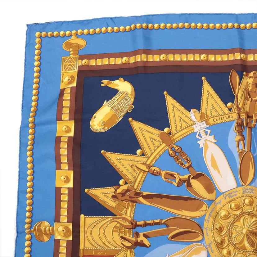 Hermès Cuillers D Afrique Silk Scarf 90 Blue Silk Very good condition - Model View