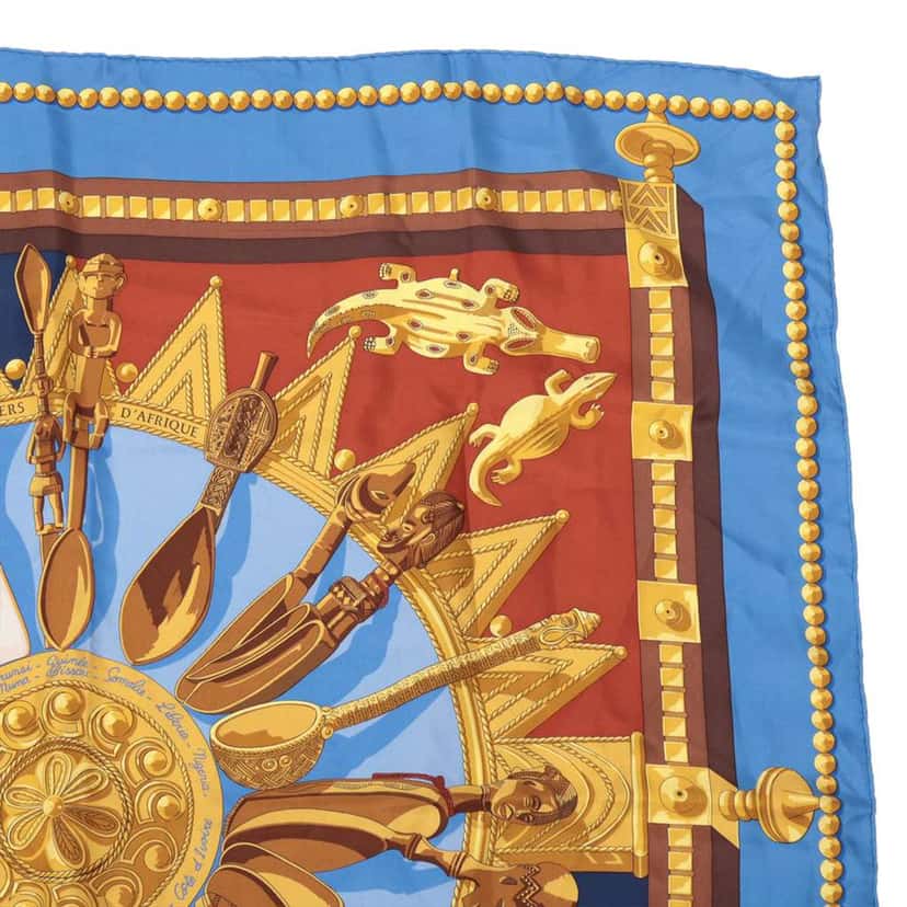 Hermès Cuillers D Afrique Silk Scarf 90 Blue Silk Very good condition - Box View
