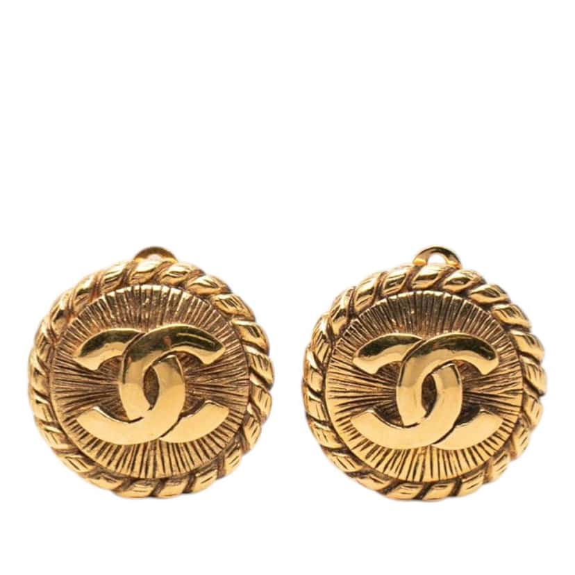 Chanel Gold Plated CC Round Clip on Earrings Gold Metal Very good condition - Front View