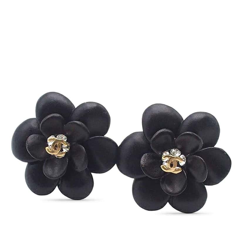 Chanel CC Resin Rhinestone Camellia Clip On Earrings Black Very good condition - Front View