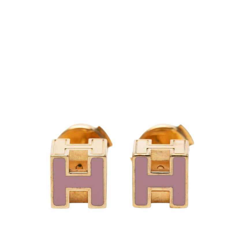 Hermès Gold Plated Enamel Cage dH Cube Push Back Earrings Purple Metal Very good condition - Front View