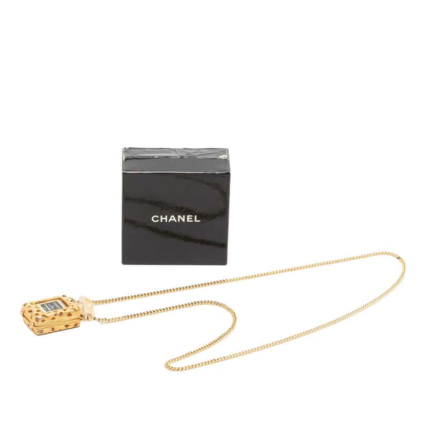 Chanel Gold Plated Perfume Bottle Necklace Gold Metal Very good condition - Box View