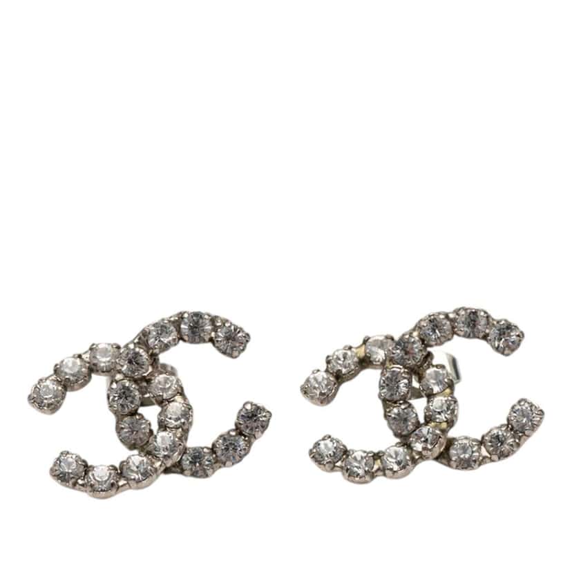 Chanel CC Silver Plated Crystal Stud Push Back Earrings Silver Metal Very good condition - Front View