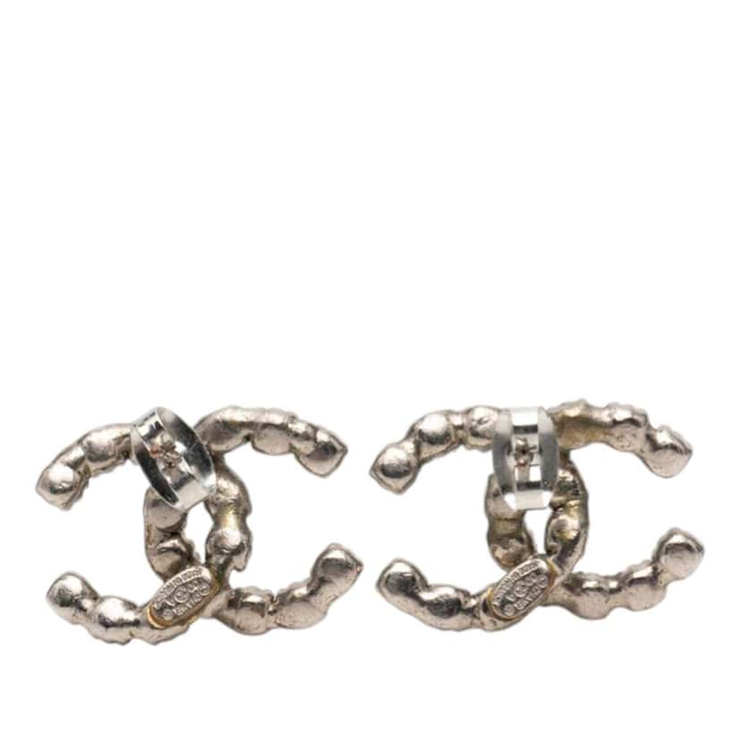Chanel CC Silver Plated Crystal Stud Push Back Earrings Silver Metal Very good condition - Back View