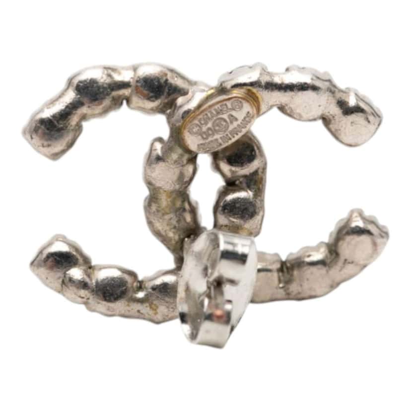 Chanel CC Silver Plated Crystal Stud Push Back Earrings Silver Metal Very good condition - Inside View