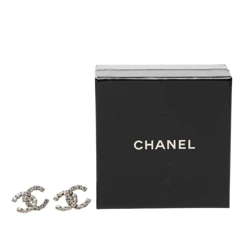 Chanel CC Silver Plated Crystal Stud Push Back Earrings Silver Metal Very good condition - Model View
