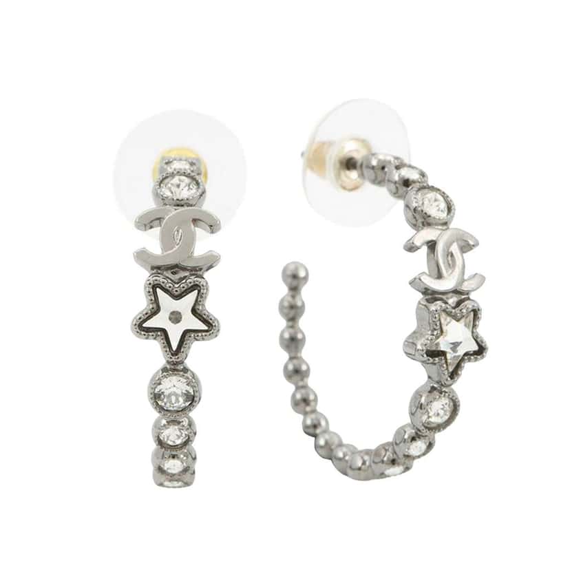 Chanel CC Silver Plated Crystal Star Push Back Earrings Silver Metal Very good condition - Inside View