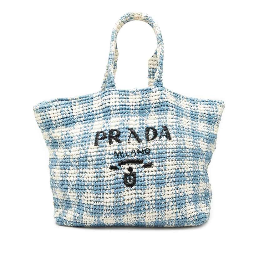 Prada Large Raffia Effect Crochet Embroidered Logo Tote Blue Very good condition - Front View