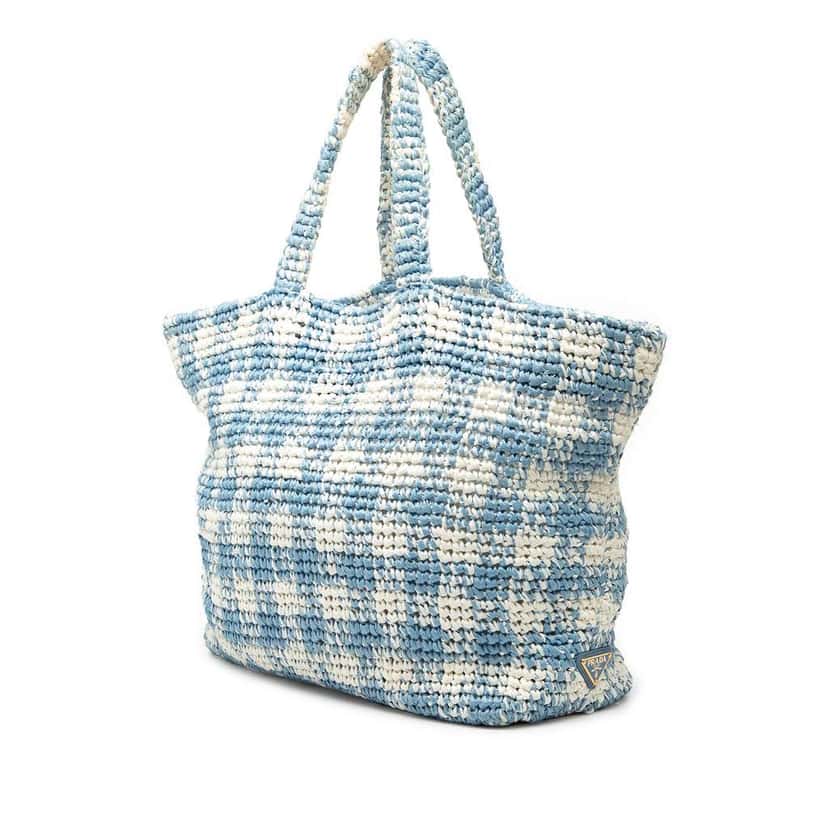 Prada Large Raffia Effect Crochet Embroidered Logo Tote Blue Very good condition - Back View