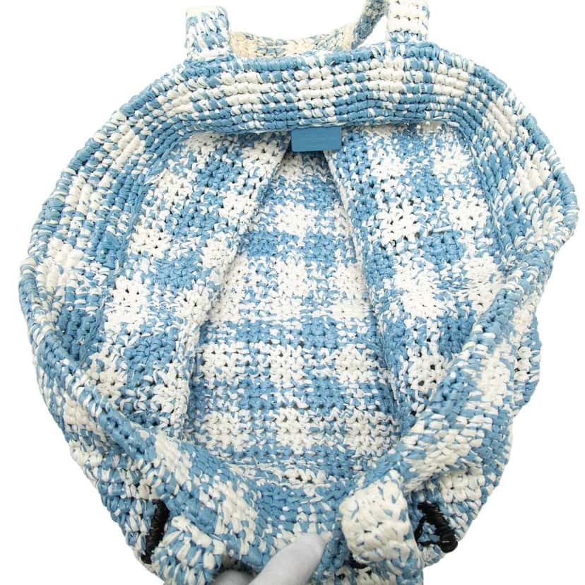 Prada Large Raffia Effect Crochet Embroidered Logo Tote Blue Very good condition - Model View