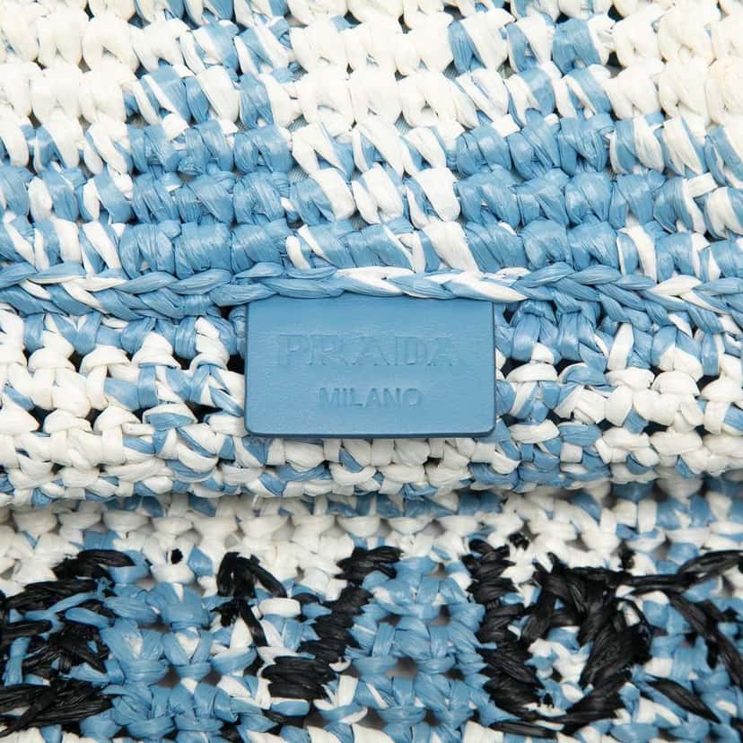 Prada Large Raffia Effect Crochet Embroidered Logo Tote Blue Very good condition - Box View