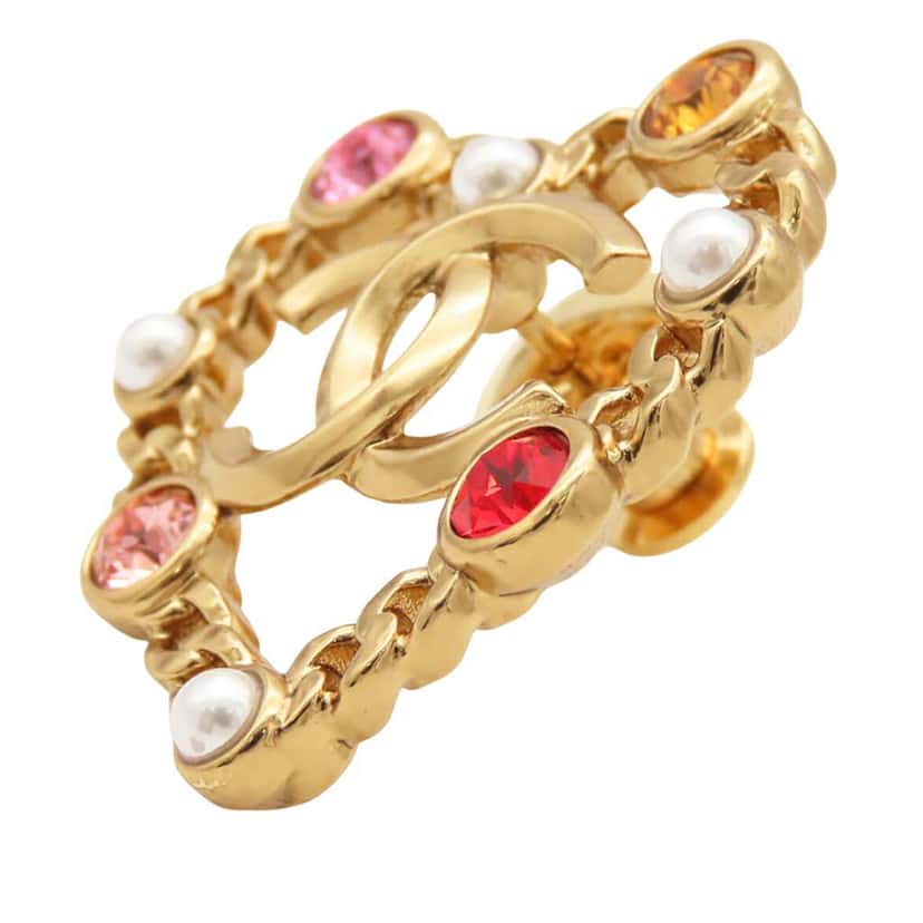 Chanel CC Gold Plated Rhinestone Faux Pearl Heart Brooch Gold Metal Very good condition - Back View