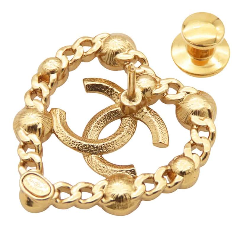 Chanel CC Gold Plated Rhinestone Faux Pearl Heart Brooch Gold Metal Very good condition - Inside View