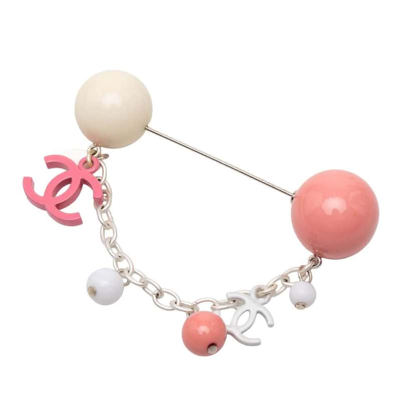 Chanel Silver Plated Resin CC Charm Pin Brooch Silver Metal Very good condition - Front View