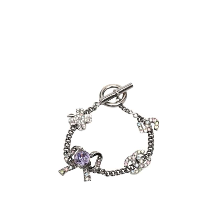 Chanel Silver Plated Crystal CC No. 5 Bow Charm Bracelet Silver Metal Very good condition - Front View