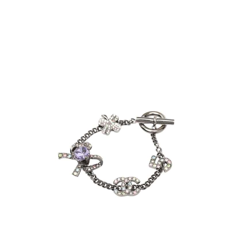 Chanel Silver Plated Crystal CC No. 5 Bow Charm Bracelet Silver Metal Very good condition - Back View