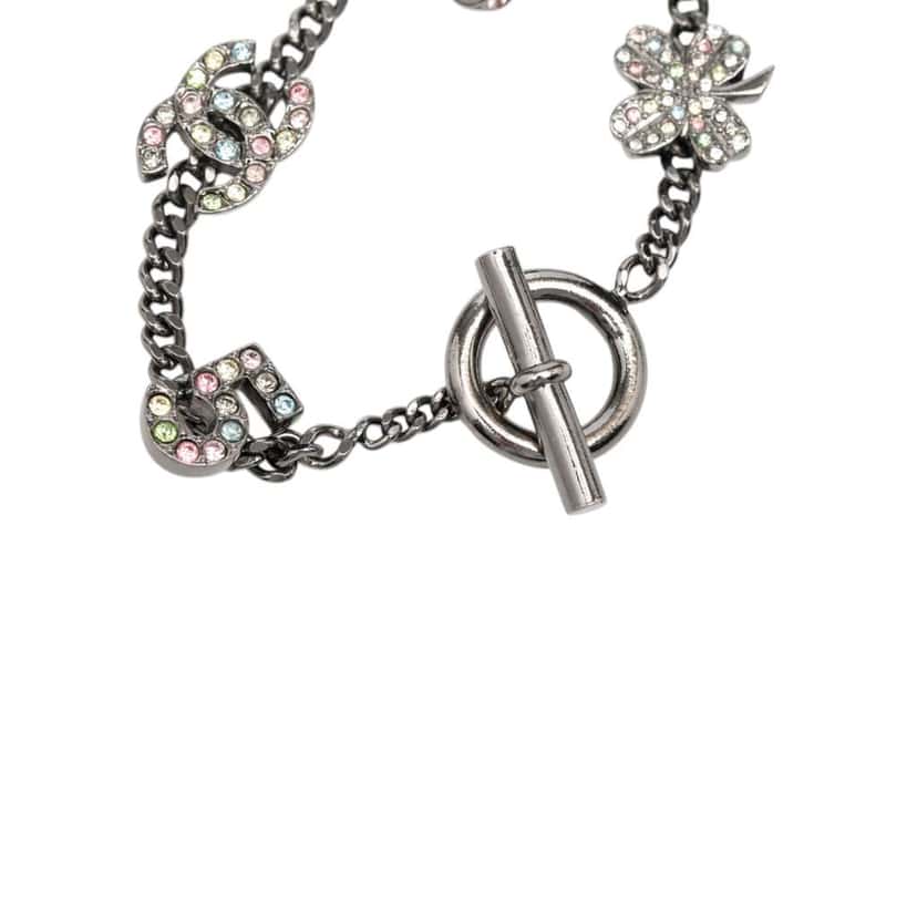 Chanel Silver Plated Crystal CC No. 5 Bow Charm Bracelet Silver Metal Very good condition - Model View