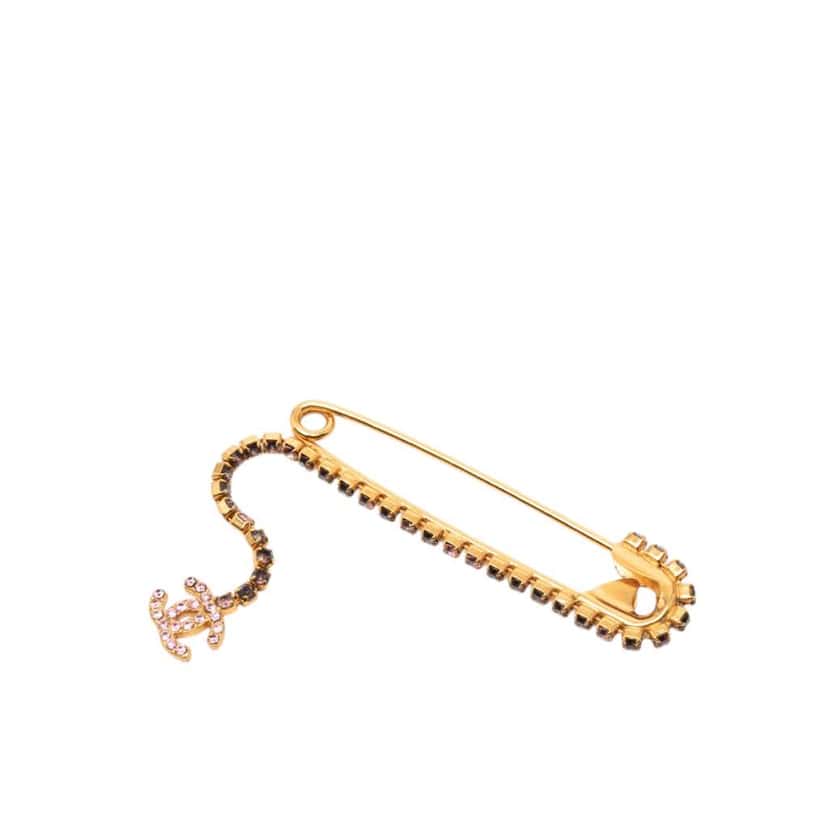 Chanel CC Gold Plated Crystal Embellished Safety Pin Brooch Gold Metal Very good condition - Front View
