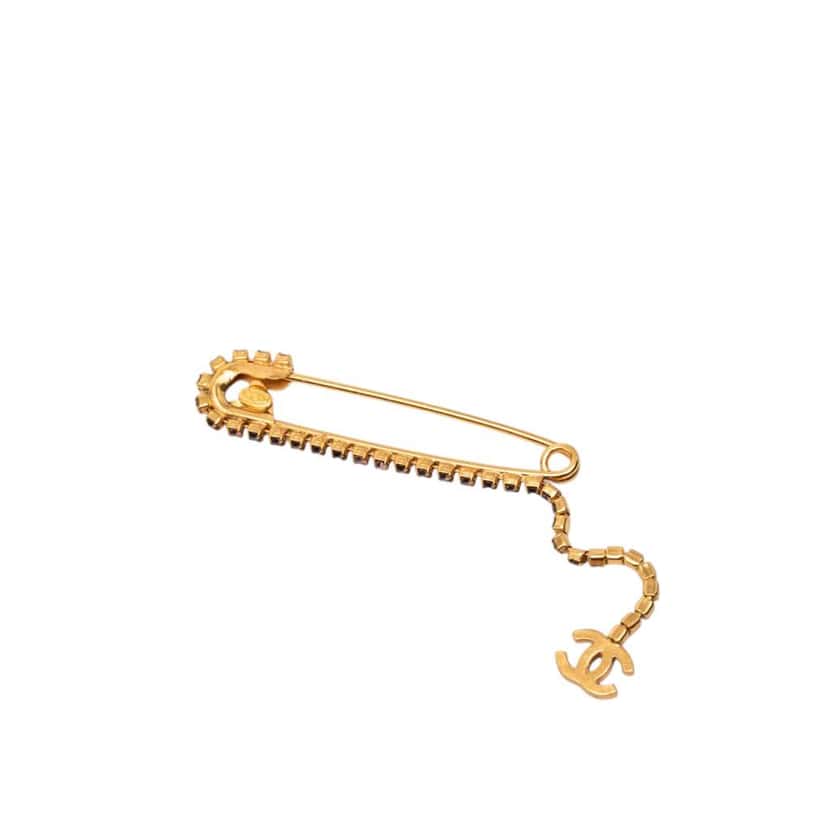 Chanel CC Gold Plated Crystal Embellished Safety Pin Brooch Gold Metal Very good condition - Back View