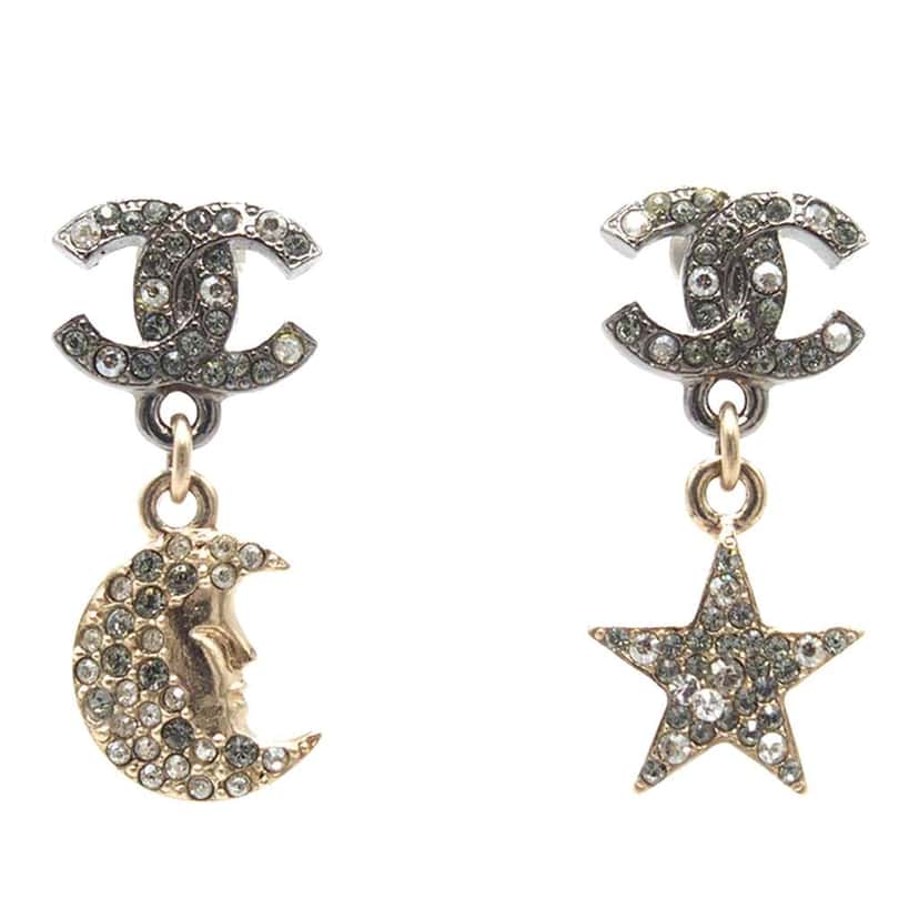 Chanel CC Silver and Gold Plated Crystal Moon and Star Drop Earrings Silver Metal Very good condition - Front View