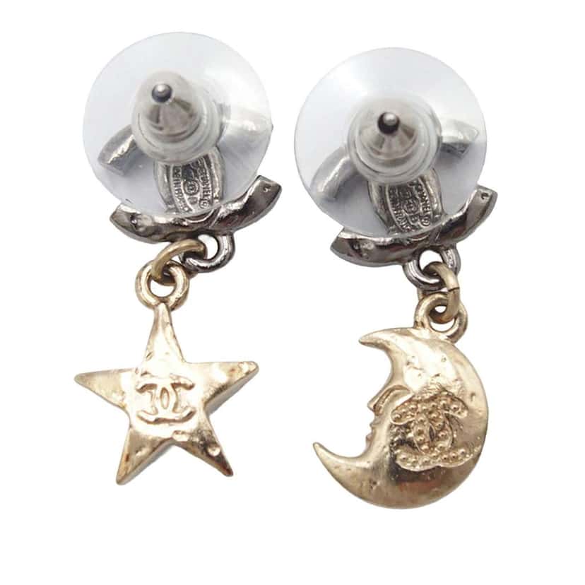 Chanel CC Silver and Gold Plated Crystal Moon and Star Drop Earrings Silver Metal Very good condition - Back View