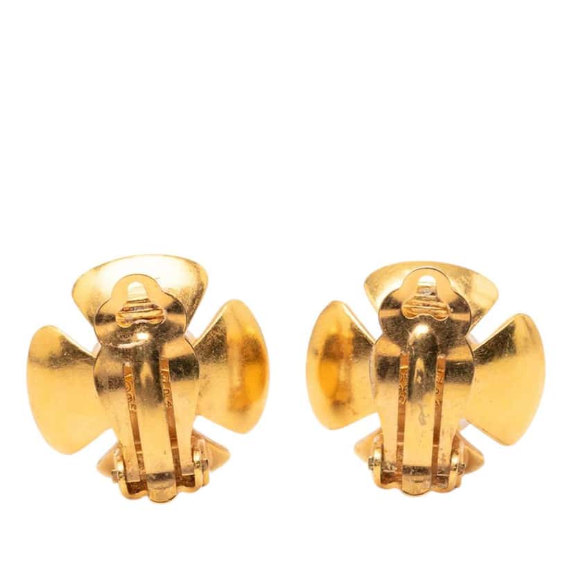 Chanel CC Gold Plated Faux Pearl Flower Clip On Earrings Gold Metal Very good condition - Back View