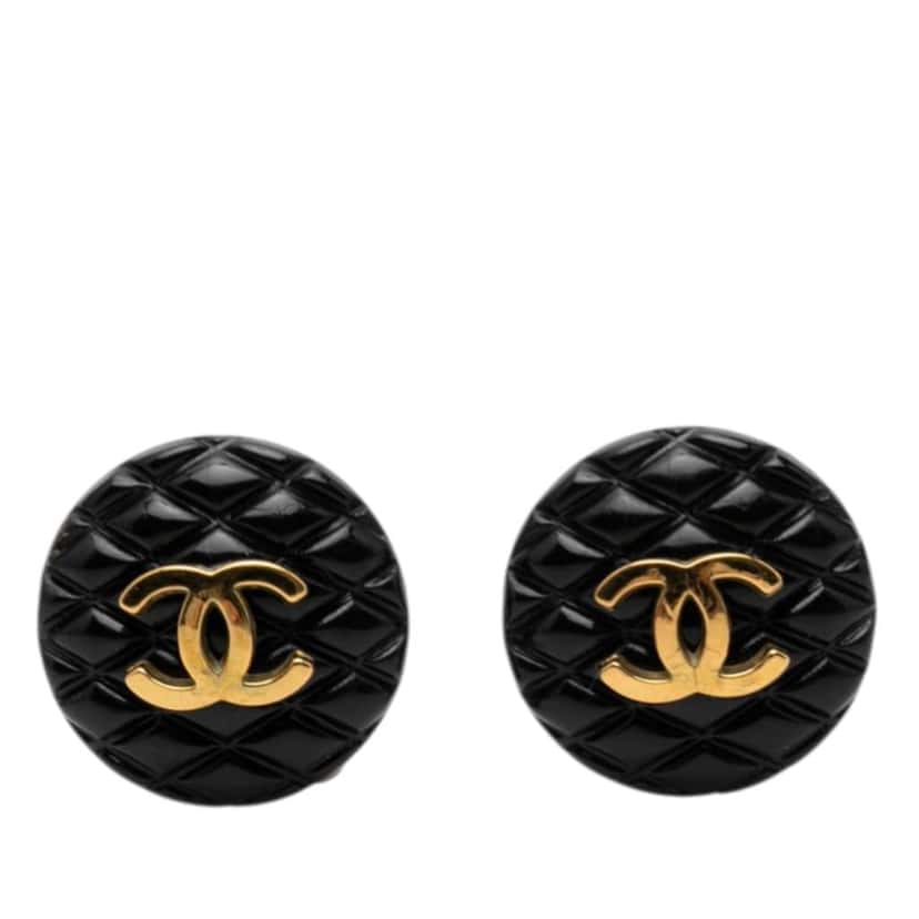 Chanel CC Resin and Gold Plated Quilted Button Clip On Earrings Black Very good condition - Front View