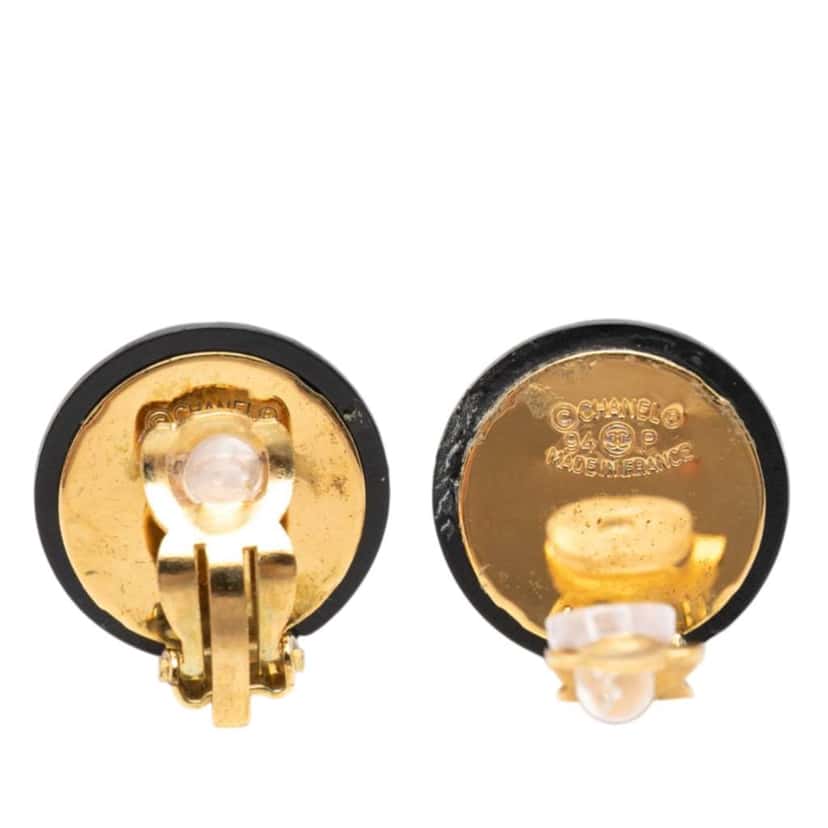 Chanel CC Resin and Gold Plated Quilted Button Clip On Earrings Black Very good condition - Back View