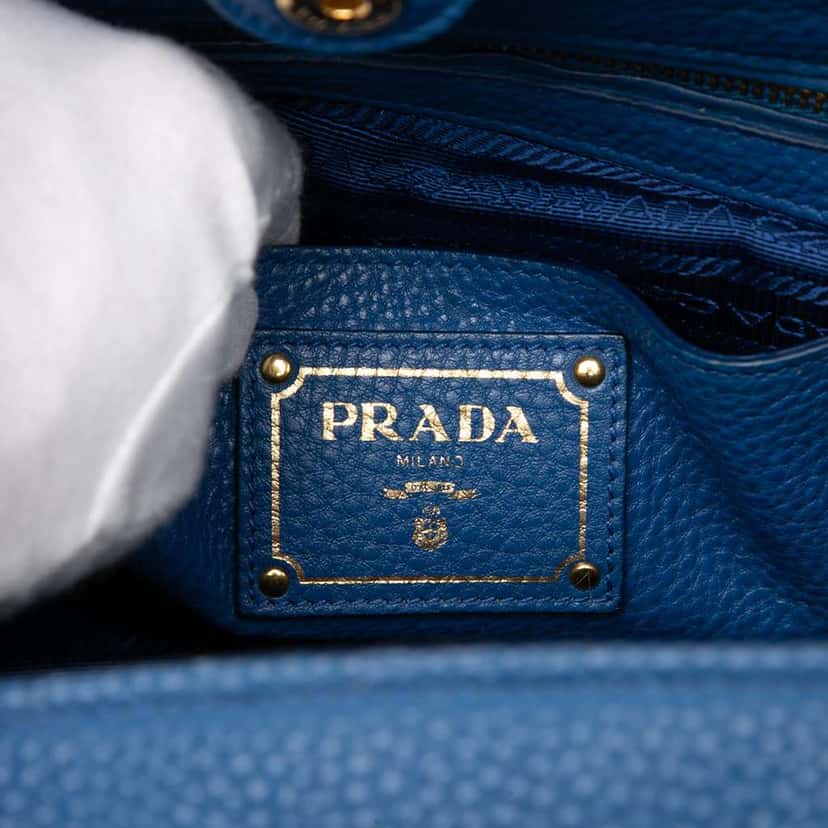 Prada Vitello Daino Front Pocket Open Convertible Tote Blue Leather Very good condition - Box View