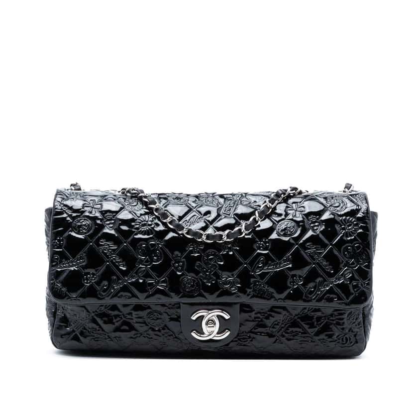 Chanel Jumbo Patent Embossed Lucky Symbols Flap Black Leather Very good condition - Front View
