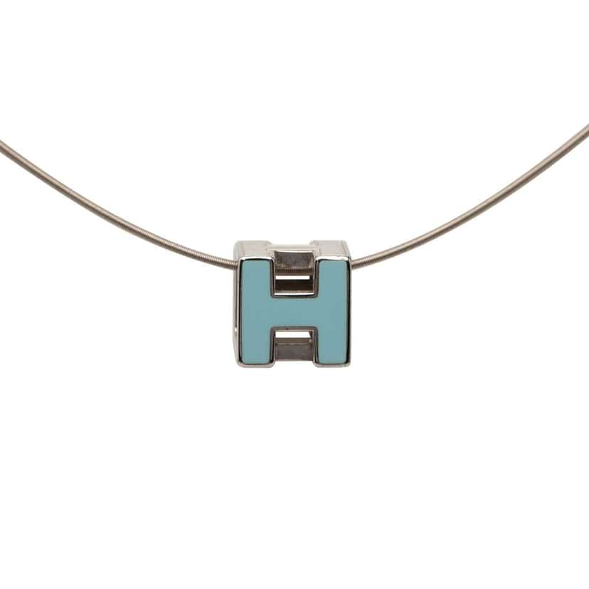 Hermès Palladium Plated Lacquered Cage D H Pendant Necklace Silver Metal Very good condition - Front View