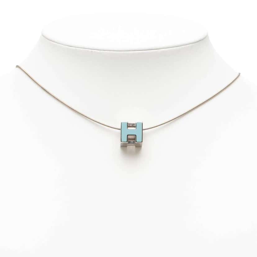 Hermès Palladium Plated Lacquered Cage D H Pendant Necklace Silver Metal Very good condition - Box View