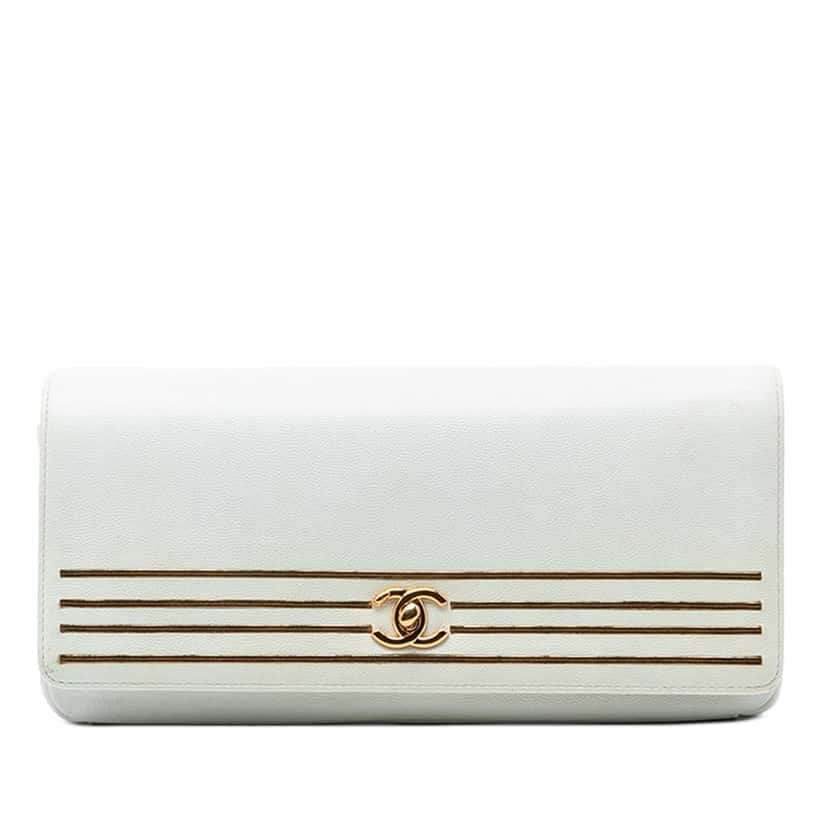 Chanel Caviar Captain Gold Clutch White Leather Very good condition - Front View