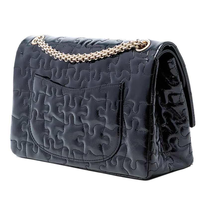 Chanel Reissue 2.55 Crackled Patent Puzzle Double Flap 226 Black Leather Very good condition - Back View