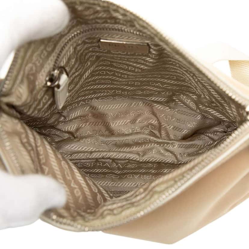 Prada Leather Trimmed Tessuto Zip Top Crossbody Beige Very good condition - Model View