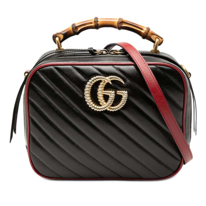 Gucci Small GG Marmont Matelasse Diagonal Leather Torchon Bamboo Satchel Black Leather Very good condition - Front View