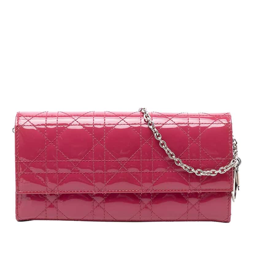 Dior Patent Cannage Lady Dior Wallet On Chain Pink Leather Very good condition - Front View