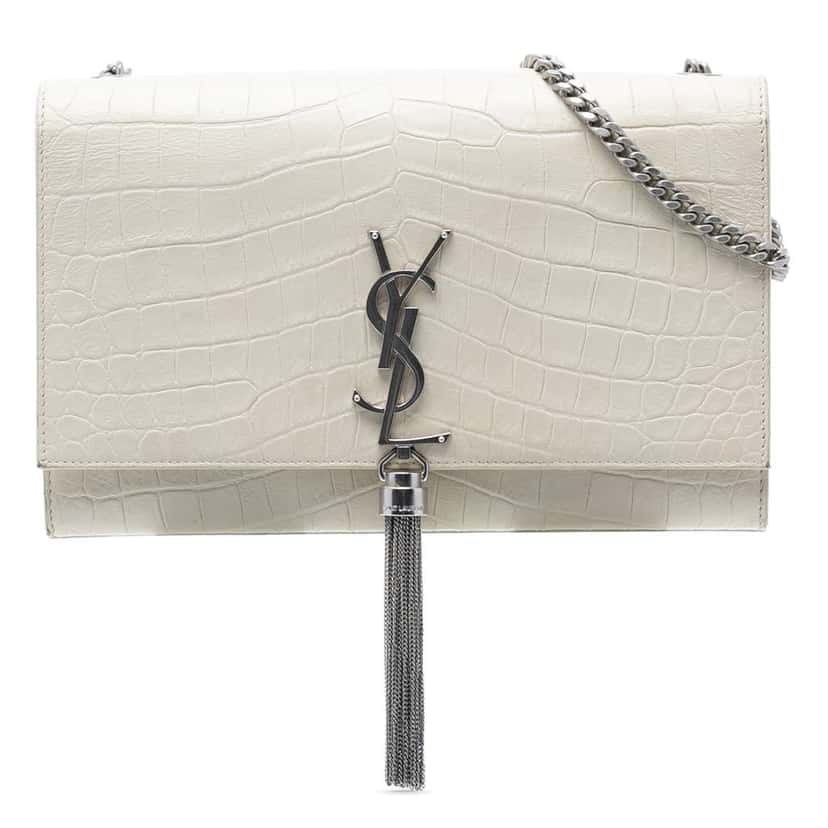 Saint Laurent Medium Croc Embossed Leather Monogram Kate Tassel Crossbody White Leather Very good condition - Front View