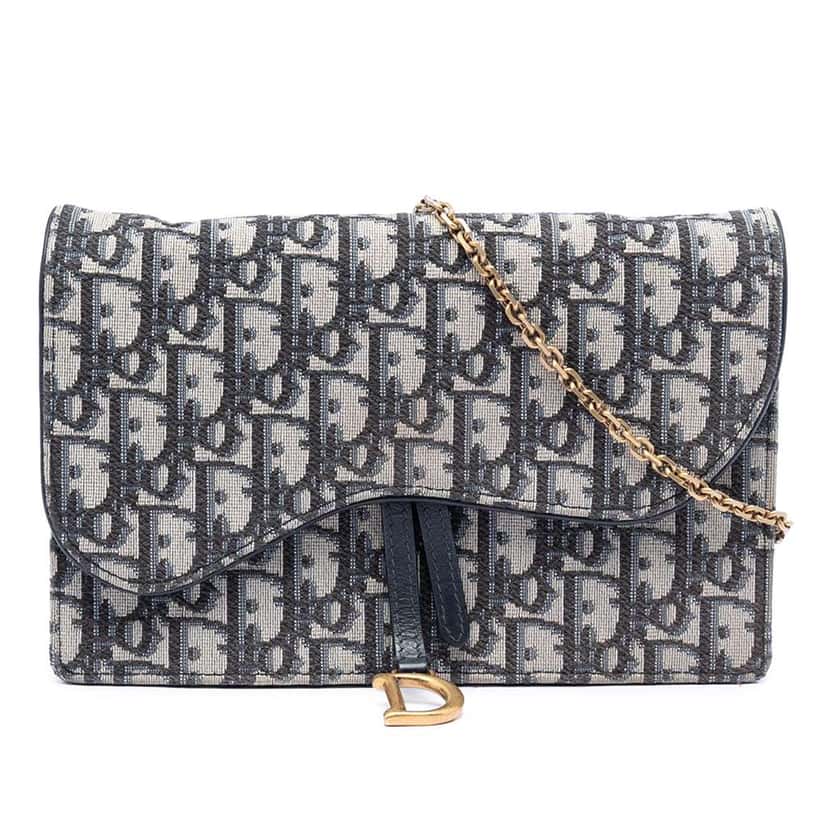 Dior Oblique Canvas Saddle Pouch Wallet on Chain Blue Canvas Very good condition - Front View