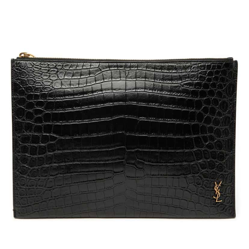 Saint Laurent Croc Embossed Leather Tiny Monogram Zipped Tablet Holder Black Leather Very good condition - Front View