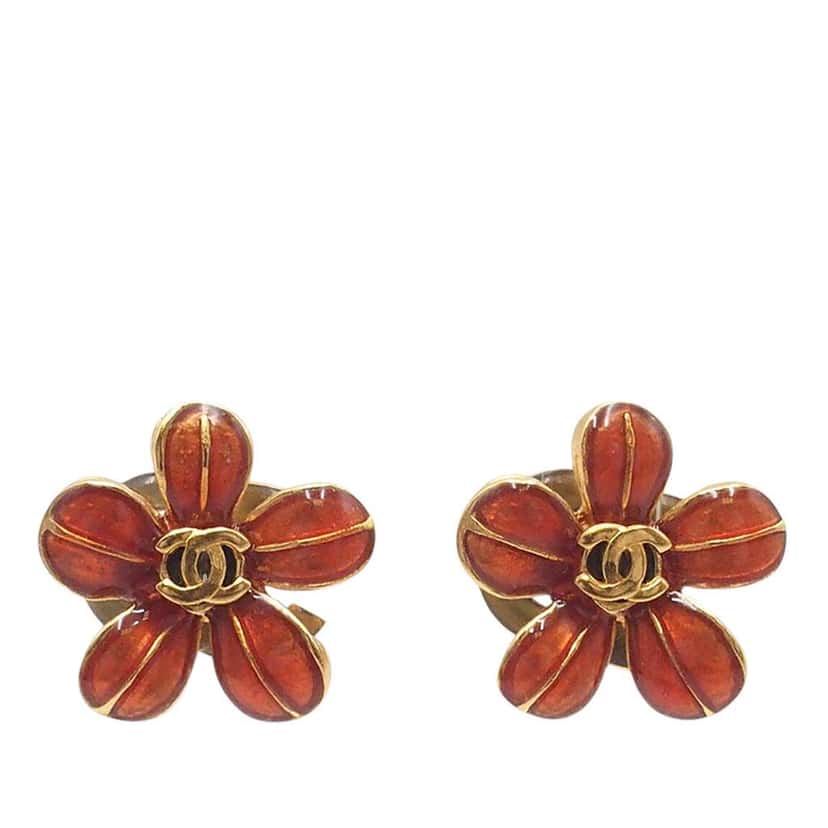 Chanel Gold Plated and Resin CC Flower Push Back Earrings Red Very good condition - Front View