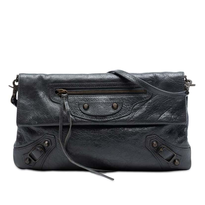 Balenciaga Chevre Motocross Classic Envelope Clutch with Strap Grey Leather Very good condition - Front View